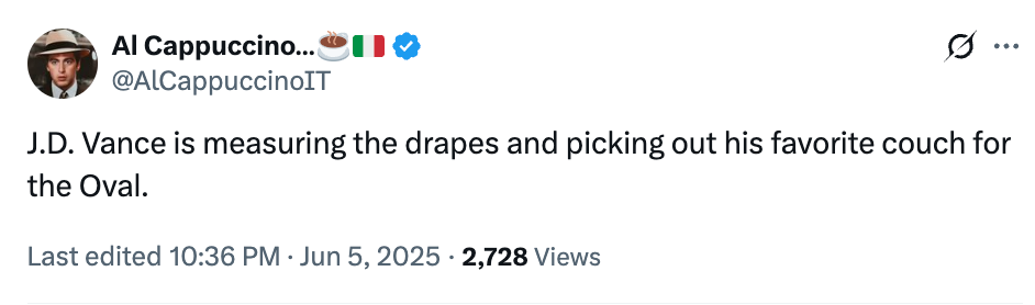 A tweet jokes that J.D. Vance is preparing for a potential move into the Oval Office, suggesting he&#x27;s measuring drapes and choosing a couch