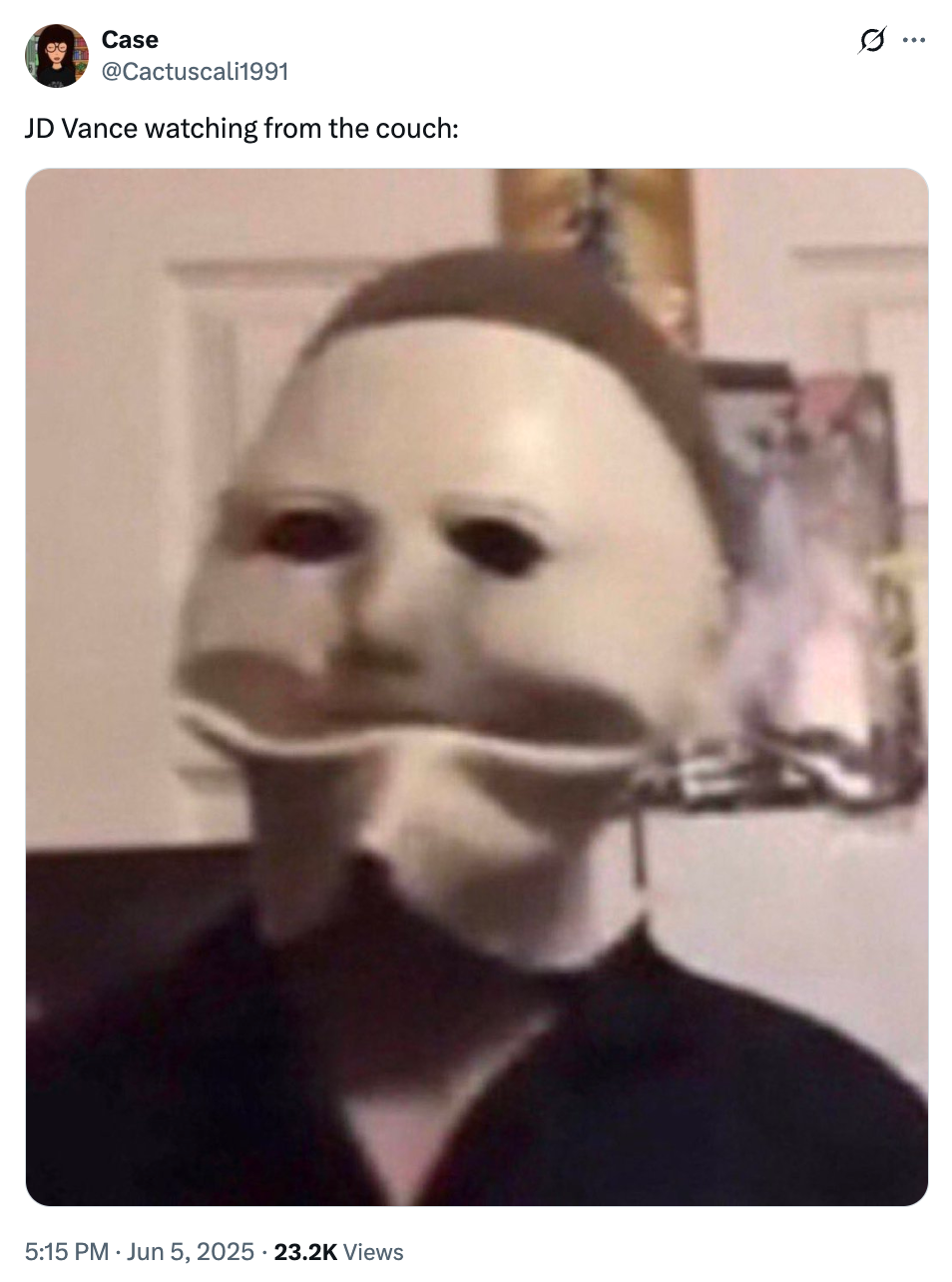 Person wearing a Michael Myers mask indoors, with a caption referencing JD Vance watching from the couch. Tweet details mentioned below