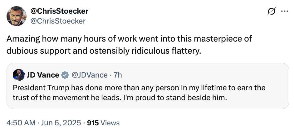 Tweet by Chris Stoecker commenting on JD Vance&#x27;s praise for Trump, calling it a &quot;masterpiece of dubious support and ostensibly ridiculous flattery.&quot;