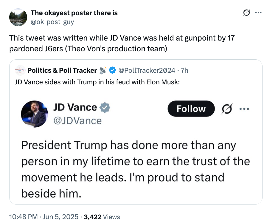 Tweet humorously notes a message written during a chaotic scene involving JD Vance and pardoned individuals, featuring a quote about President Trump&#x27;s influence