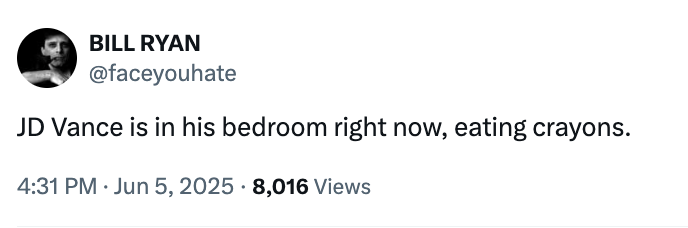 Tweet by Bill Ryan joking about JD Vance eating crayons in his bedroom