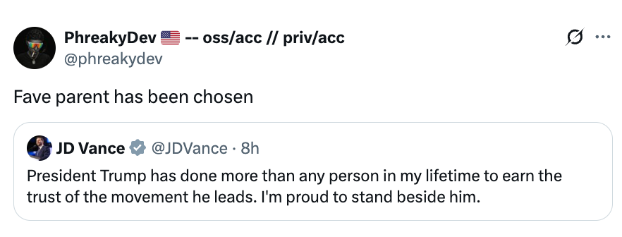 Tweet about favorite parent selection with JD Vance praising Trump for earning movement&#x27;s trust
