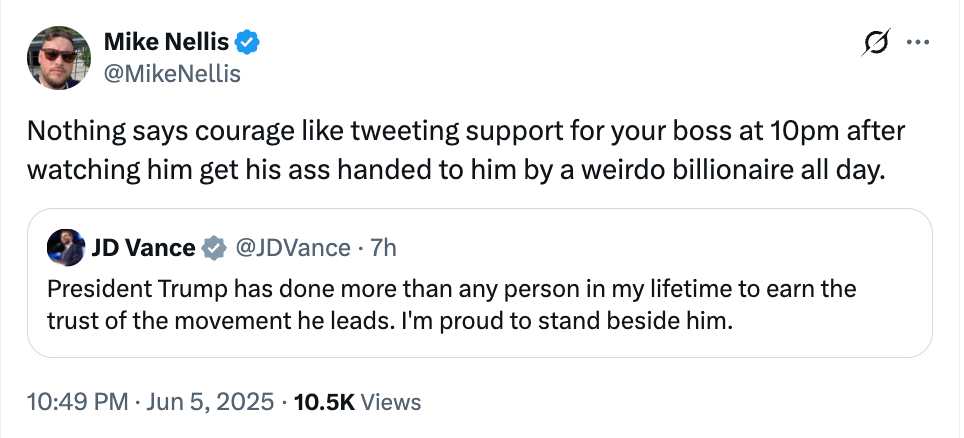 Tweet criticizing JD Vance&#x27;s supportive tweet about Trump after his conflict with a billionaire