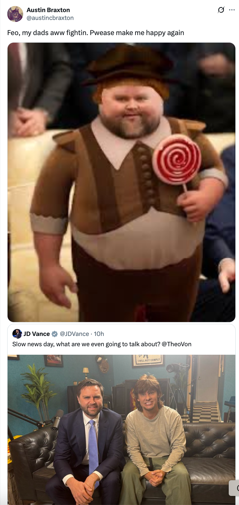Image shows a humorous tweet with a digitally altered character wearing traditional attire, holding a lollipop, and two people sitting and smiling in a second photo