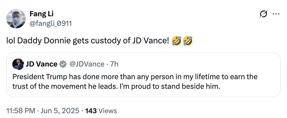 Tweet humorously responding to JD Vance&#x27;s tweet about support for President Trump. Includes emojis of laughter and crying
