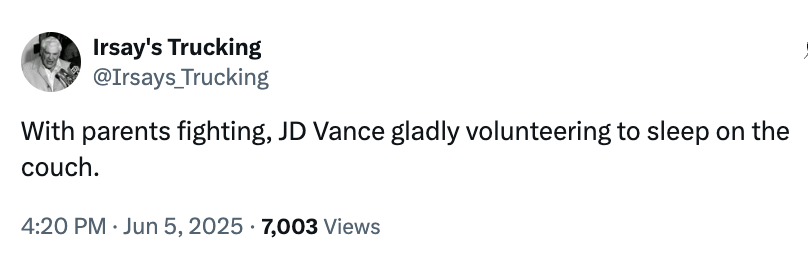 Tweet joking about JD Vance volunteering to sleep on the couch during a parental fight