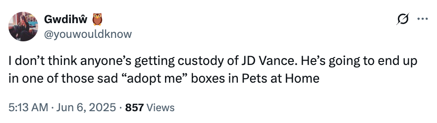 Tweet joking about JD Vance ending up in an &quot;adopt me&quot; box in a pet store