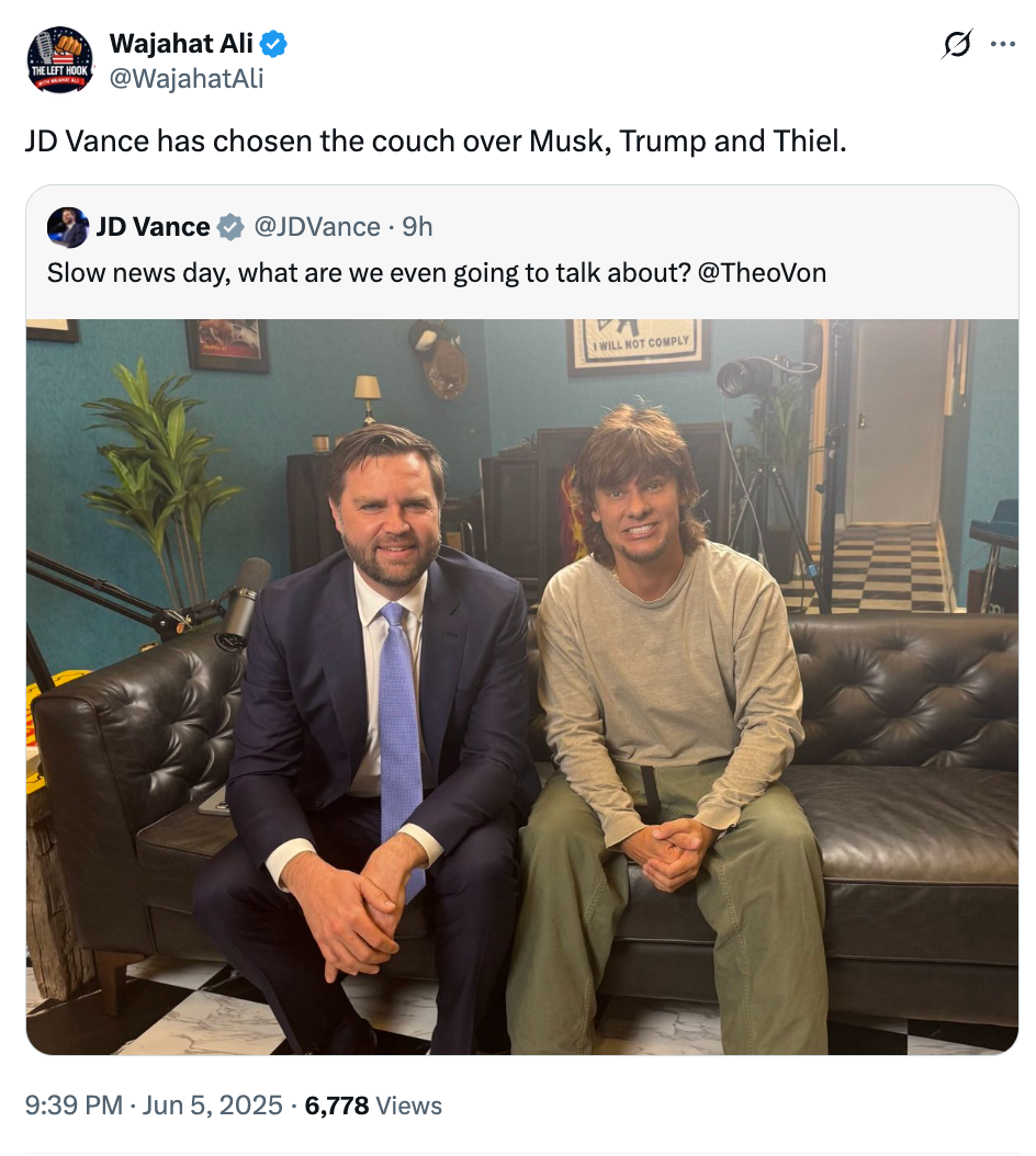 Two men sit on a couch; one in a suit and tie, the other in casual attire. Tweet by JD Vance suggests a slow news day, referencing Theo Von