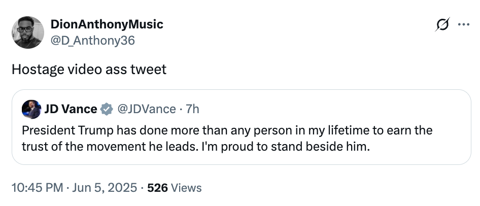 Screenshot of a tweet where JD Vance states support for President Trump, shared by DionAnthonyMusic