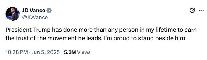 Tweet by JD Vance praising President Trump for earning trust in his movement, expressing pride in standing beside him