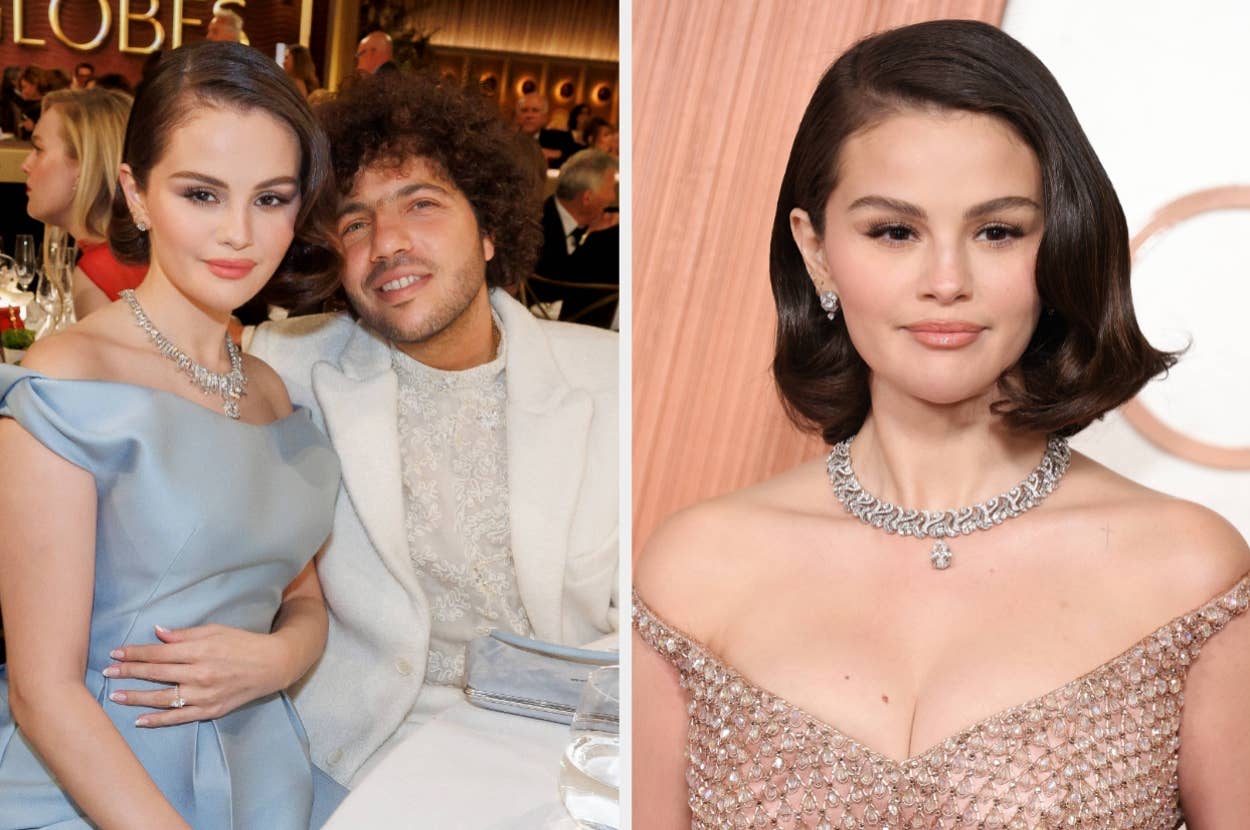 Left: Selena Gomez and Benny Blanco at an event. Right: Selena at an event