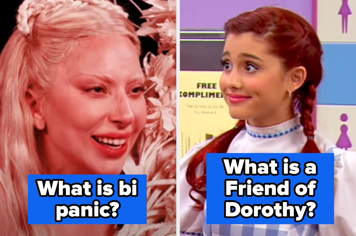 Split image with one person in elaborate wig and glamorous makeup on the left, and another smiling with styled hair on the right. Text: "What is bi panic?"