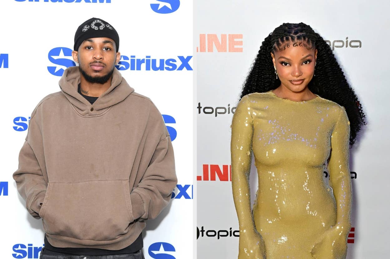 Two celebrities at separate events: one in a casual hoodie with a beanie, the other in a fitted, shimmering long-sleeve gown