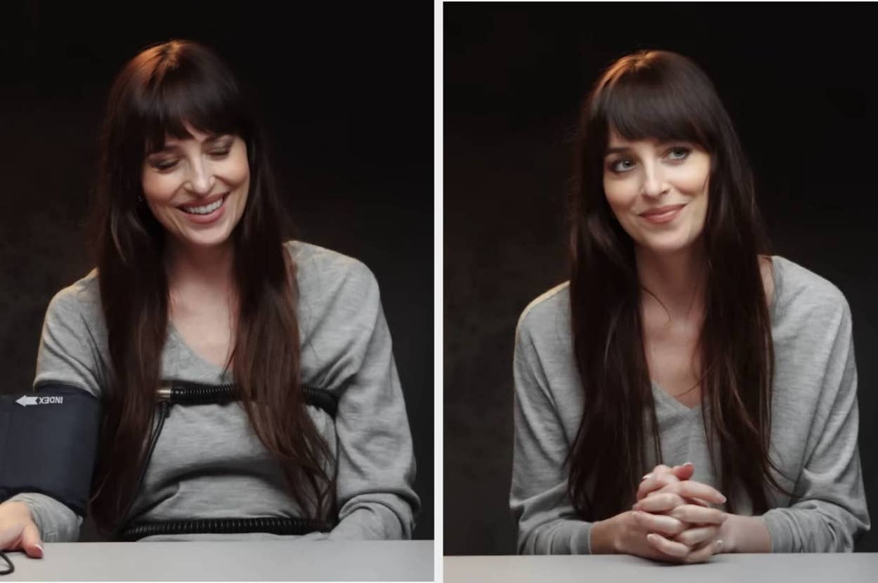 Person with long hair, wearing a casual grey sweater, smiles during a polygraph test in two separate poses at a table