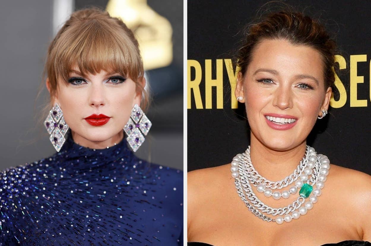 Taylor Swift in a chic, sparkly high-neck outfit with large earrings vs Blake Lively in a strapless top with layered necklaces