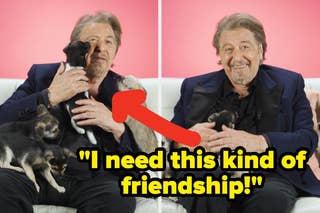 Two photos: Left, a man with puppies; right, a man in a velvet suit with a white flower. Text says,