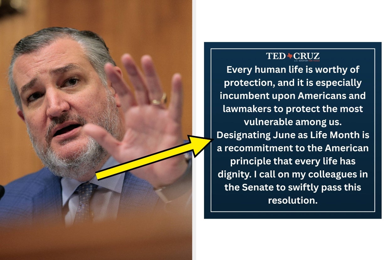 Ted Cruz speaks beside a sign that reads: "Designating June as Life Month is a recommitment to the American principle that every life has dignity."