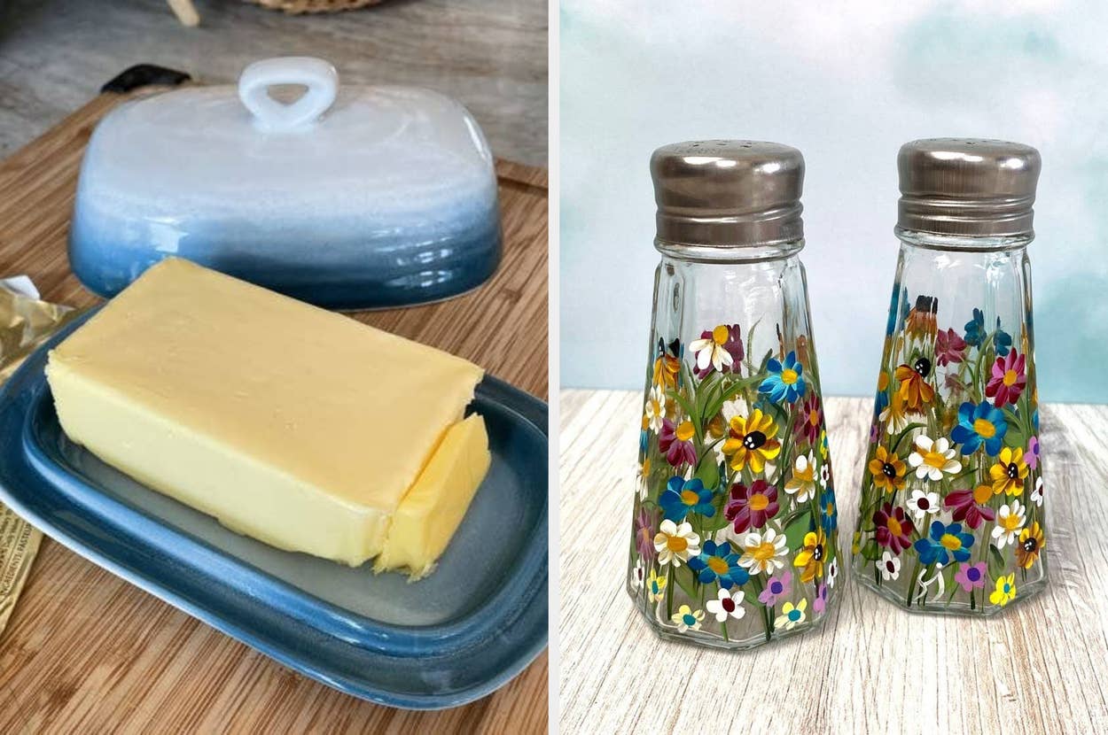 Butter dish next to a stick of butter. Smiling woman holds red oven mitts