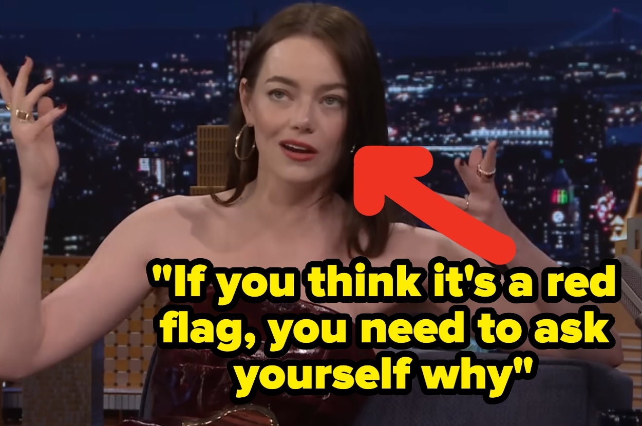 A person on a talk show gestures expressively. A red arrow points to the person. Text reads, "If you think it's a red flag, you need to ask yourself why."