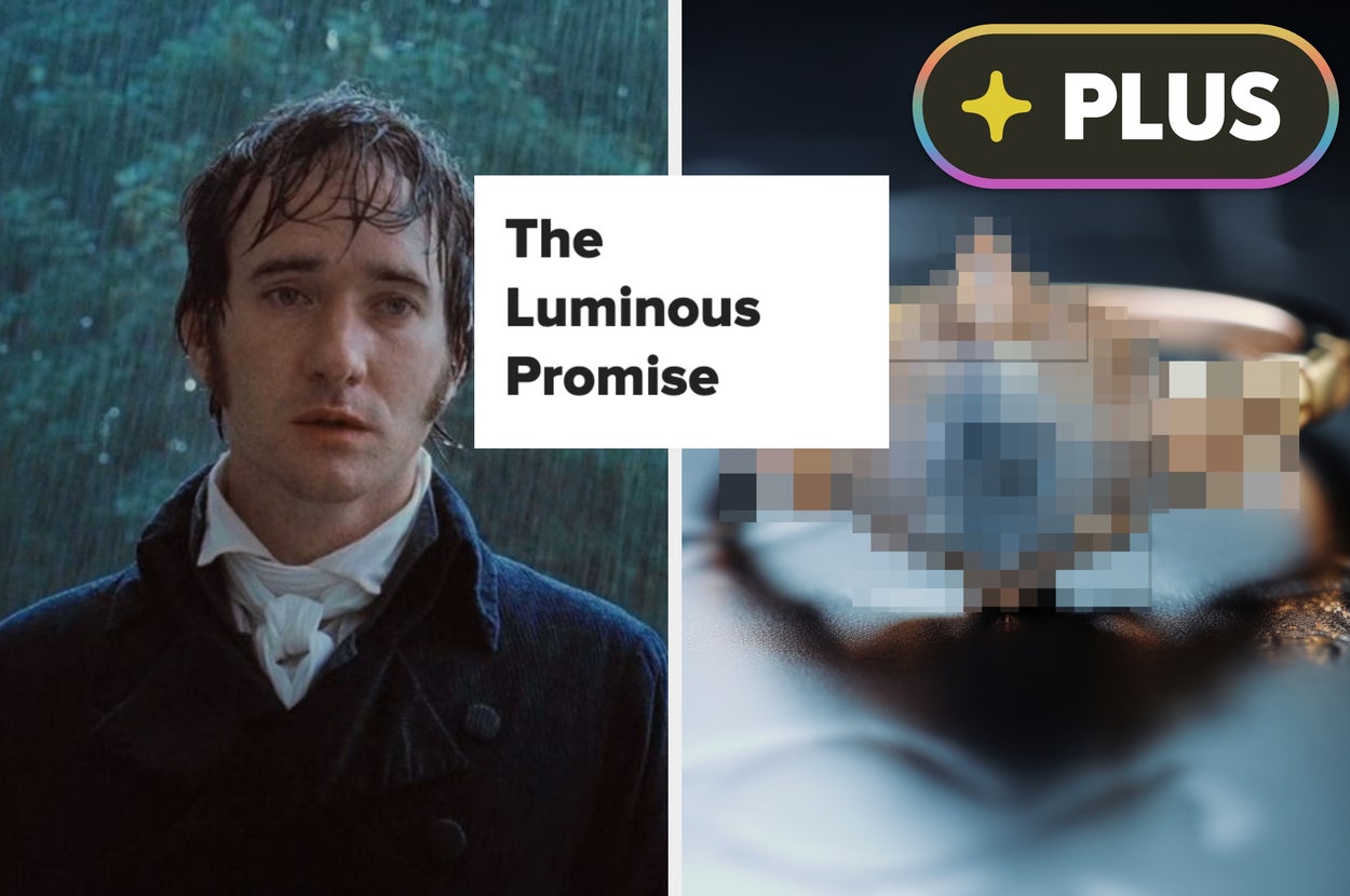 Split image: Left, a period-costumed man in rain. Right, a blurred engagement ring with the text "The Luminous Promise" above it