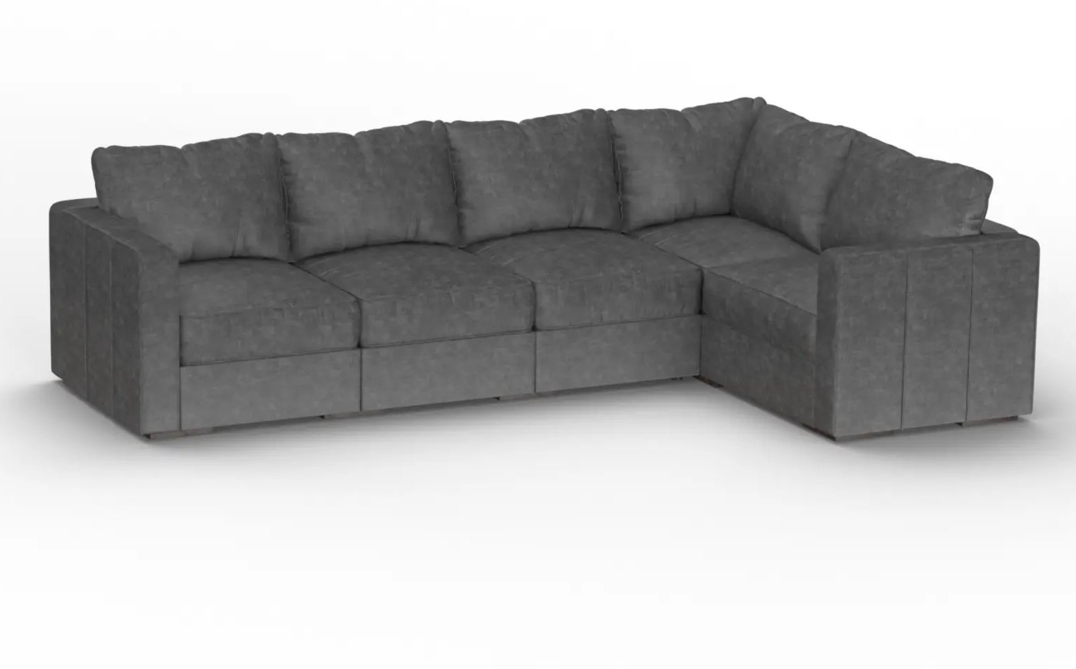 Gray L-shaped sectional sofa with plush cushions, suitable for modern living spaces. Ideal for comfort and style in home settings