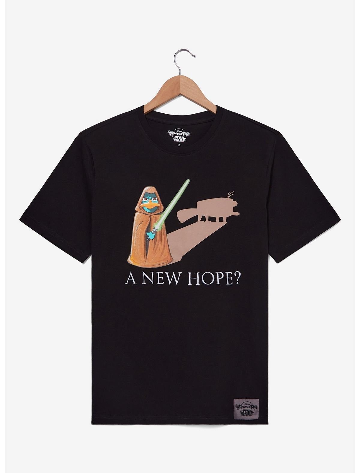Black T-shirt with a cloaked figure holding a lightsaber and text "A New Hope?" featuring a whimsical design