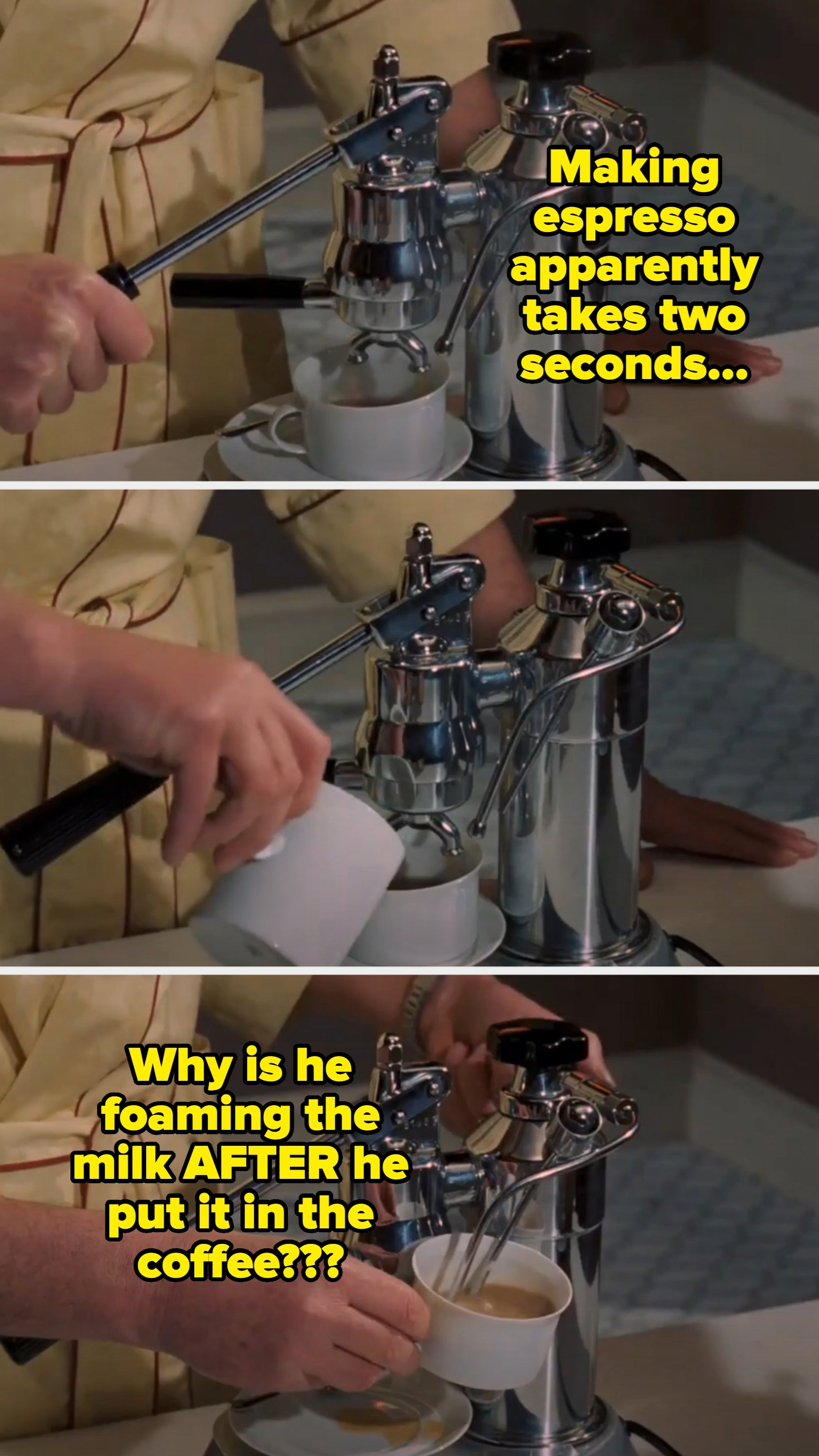 A person in a robe uses a vintage espresso machine to make a cup of coffee, but does it all incorrectly, foaming the milk after it's in the coffee