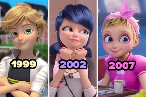 Tres personajes animados de 1999, 2002 y 2007. Cada uno sonríe con un estilo distinto y color de cabello único
