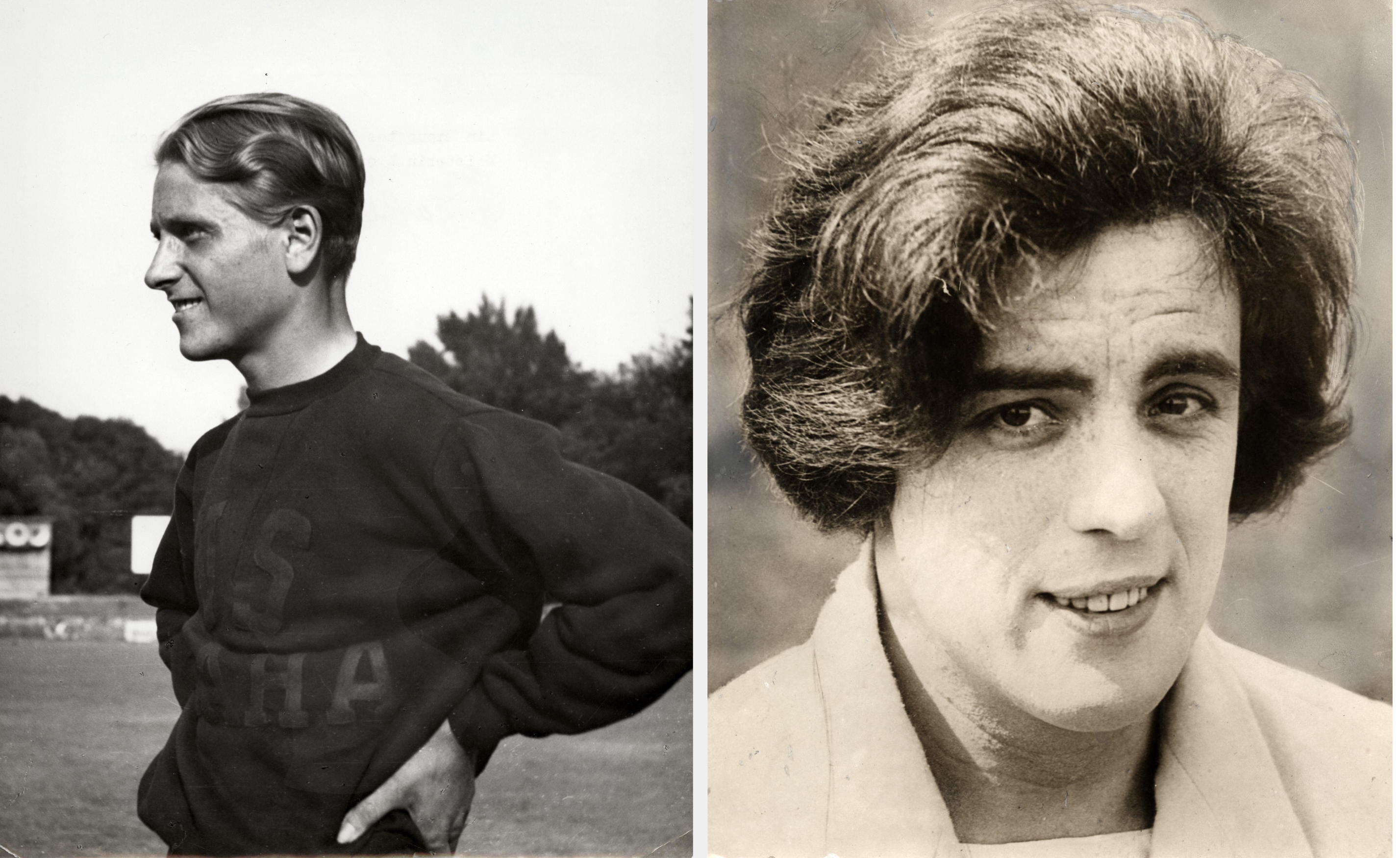 Two black-and-white portraits of men with distinctive hairstyles; on left, profile view with slicked hair, and on right, facing camera with voluminous hair