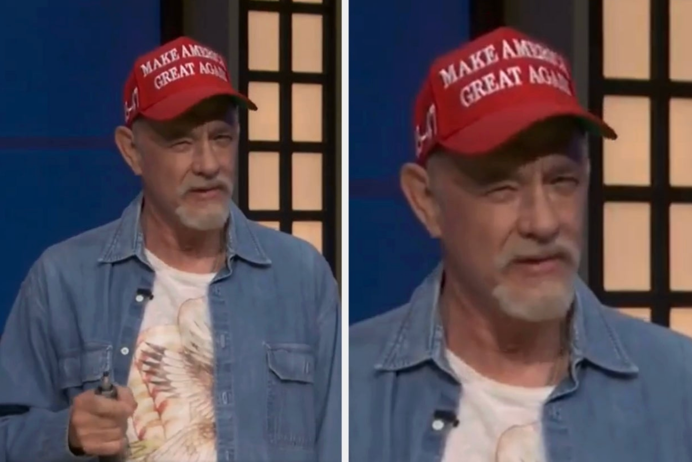 En mann har på seg en & quot; gjør Amerika flott igjen & quot; hatt, denimjakke og trykt t-skjorte, ser ut til å snakke eller presentere på scenen