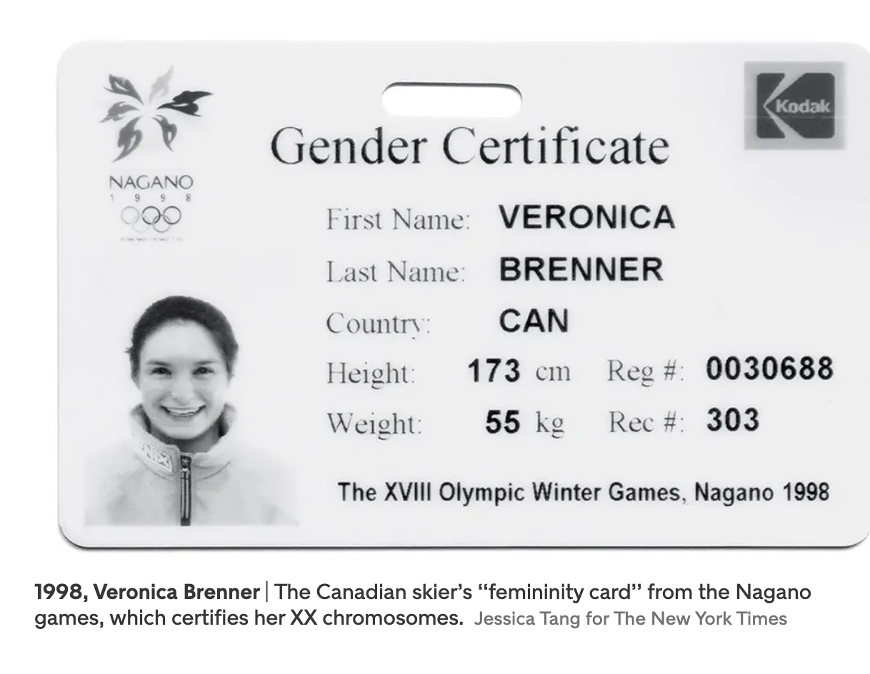 ID card titled "Gender Certificate" for Veronica Brenner, confirming eligibility for the 1998 Nagano Winter Olympics