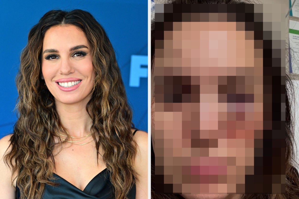 Person in elegant attire smiling on the left; right side shows a pixelated close-up of a face