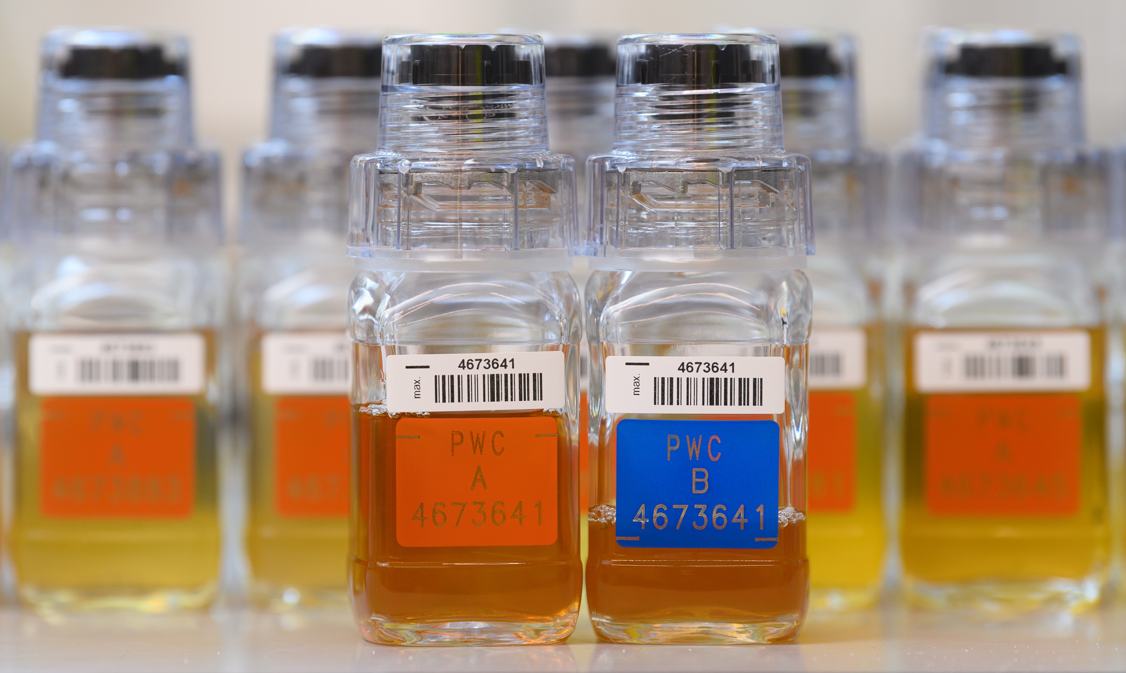 Several small bottles with barcode labels, containing clear and yellow liquid, are arranged in rows