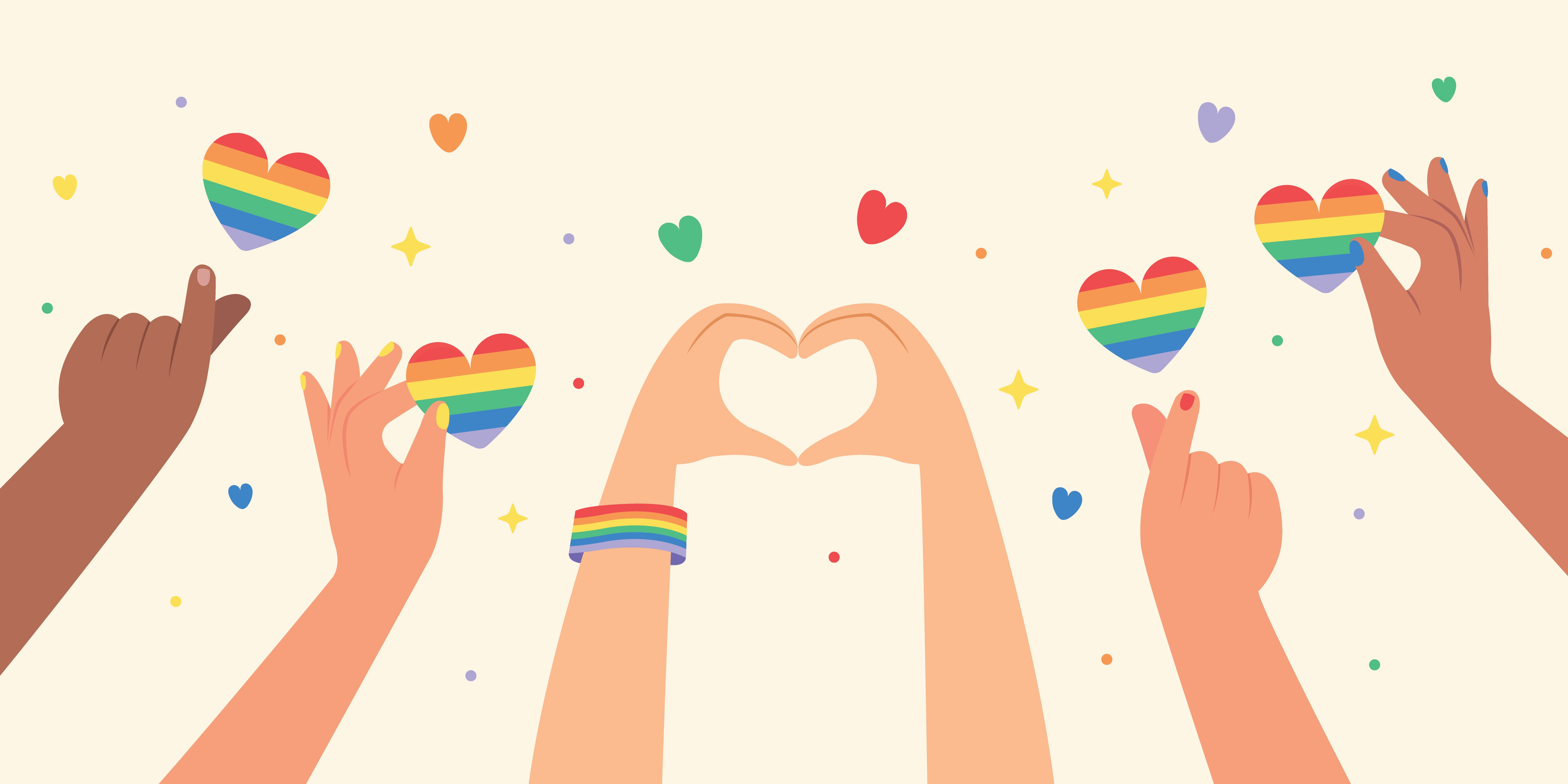 Diverse hands form heart shapes and hold rainbow heart symbols, symbolizing unity and LGBTQ+ pride