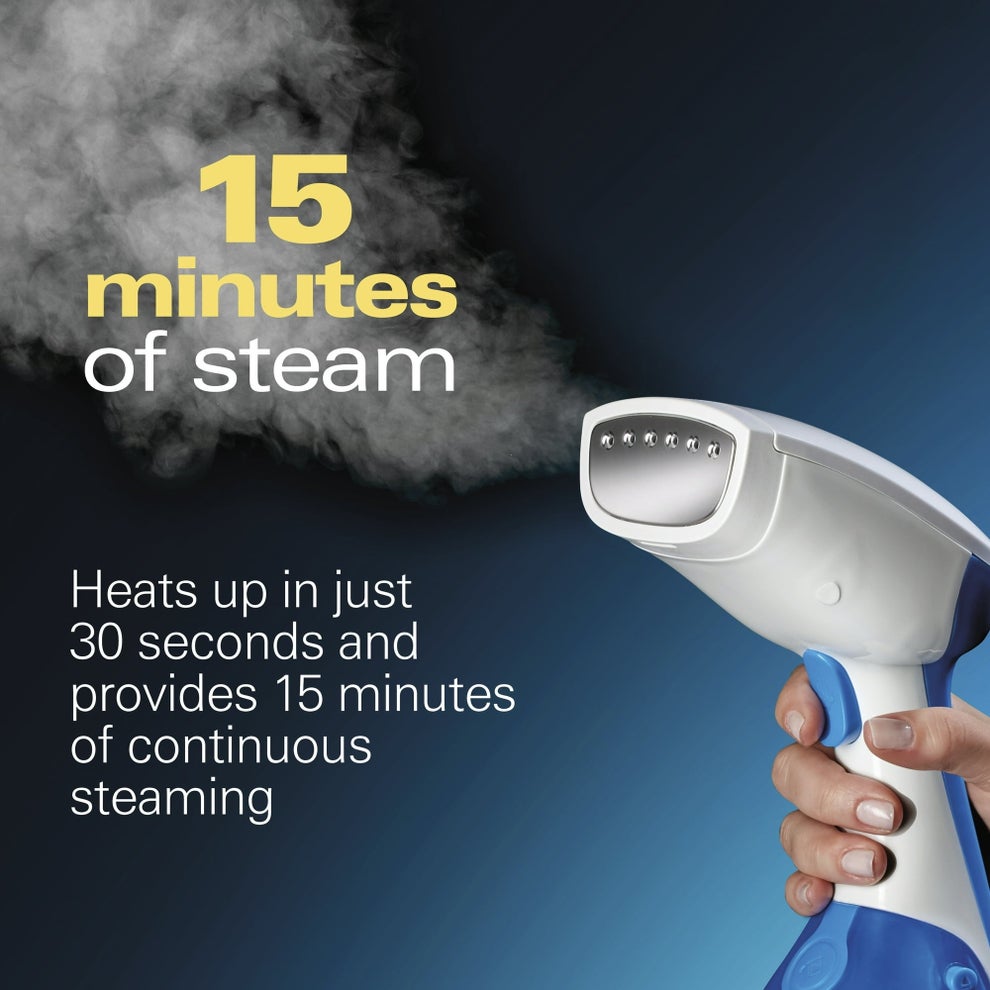 Hand-held garment steamer emitting steam; text highlights 30-second heat-up and 15 minutes of use
