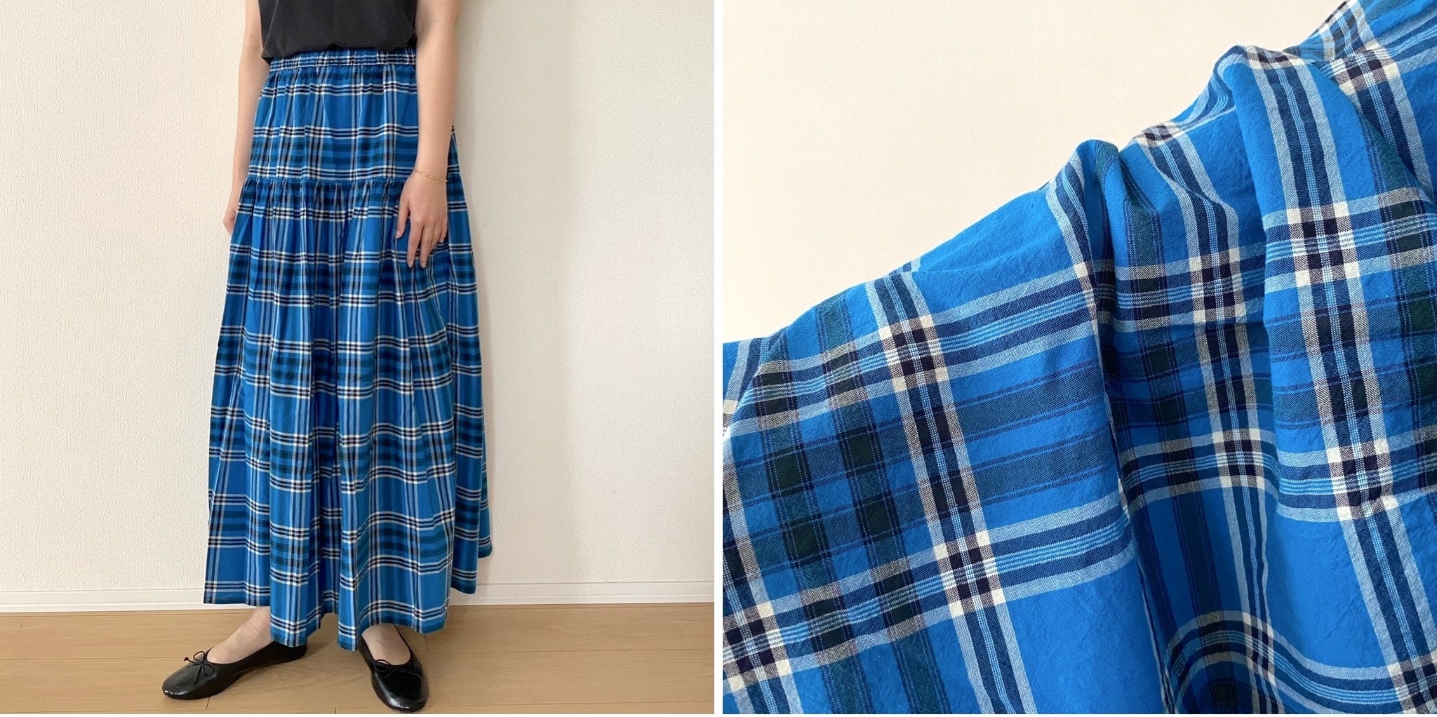 極美品 ハウスオブロータス ロングスカート マルチチェック フレア ブルー M 無印良品（MUJI） スカート 婦人 マドラスチェックフレアスカート