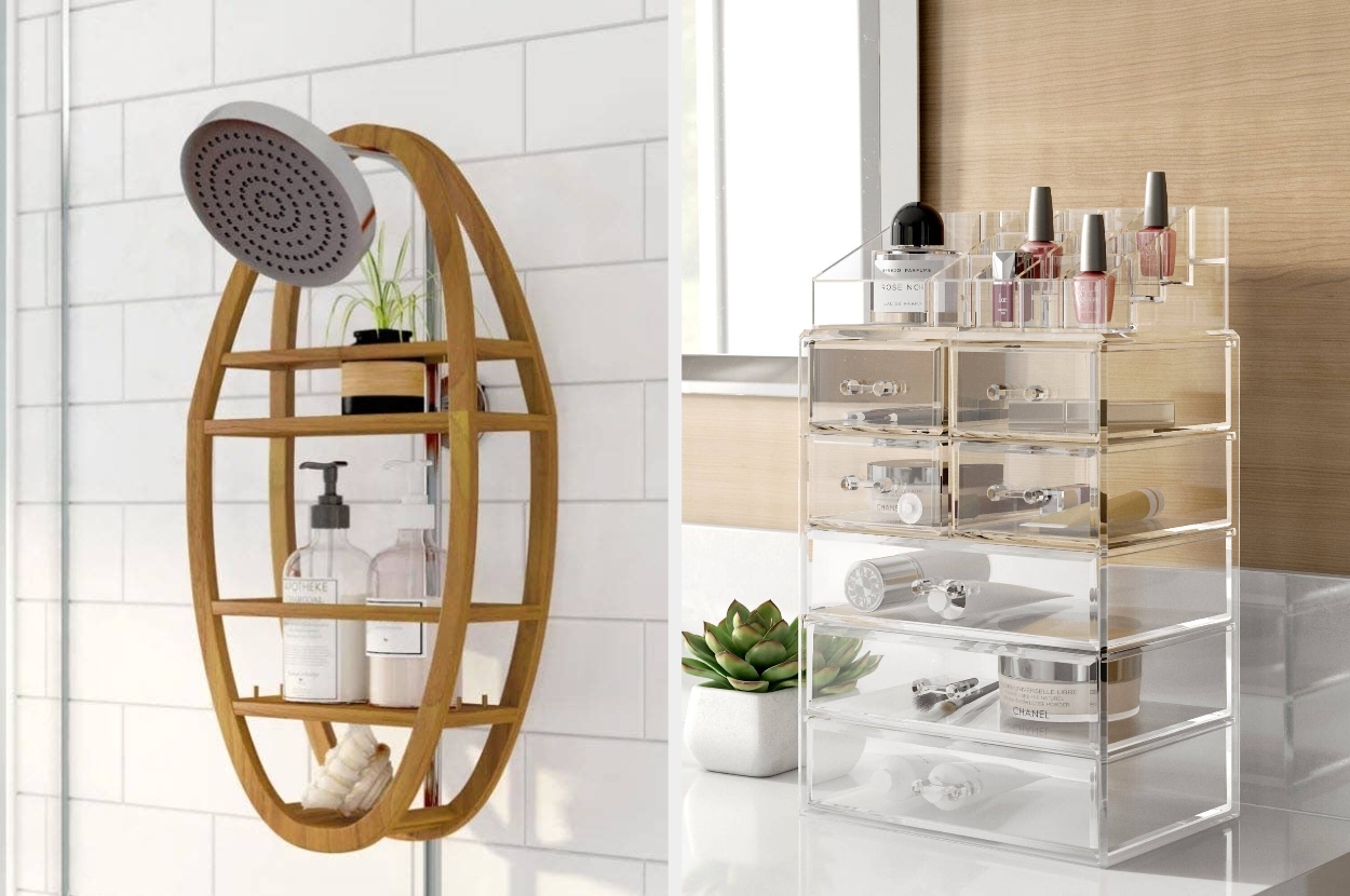 Bathroom shower caddy and clear acrylic makeup organizer showcasing organized toiletries and cosmetics