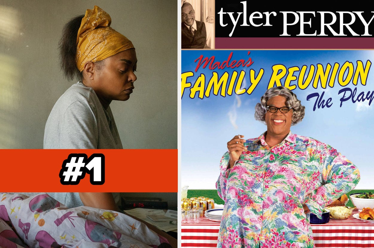 Person sitting in bed with a thoughtful expression on the left; "Madea's Family Reunion" poster on the right