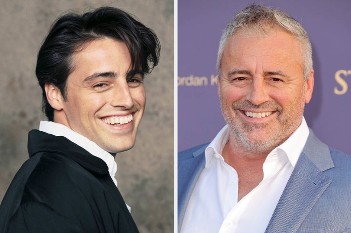 Two photos side by side of an actor. Left: Younger, smiling in casual attire. Right: Older, smiling in a suit jacket over a white shirt