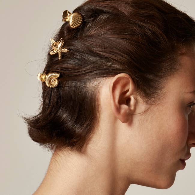 Person with abbreviated  brownish  hairsbreadth  adorned with shell-shaped hairsbreadth  clips. Hair is styled successful  an elegant twist