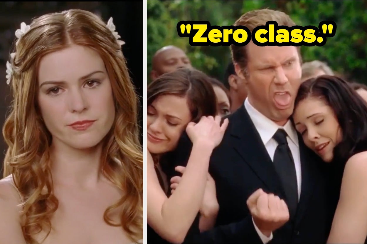 Split image: Left shows a woman with decorated hair, neutral expression. Right shows a man in a suit making a silly face at a wedding