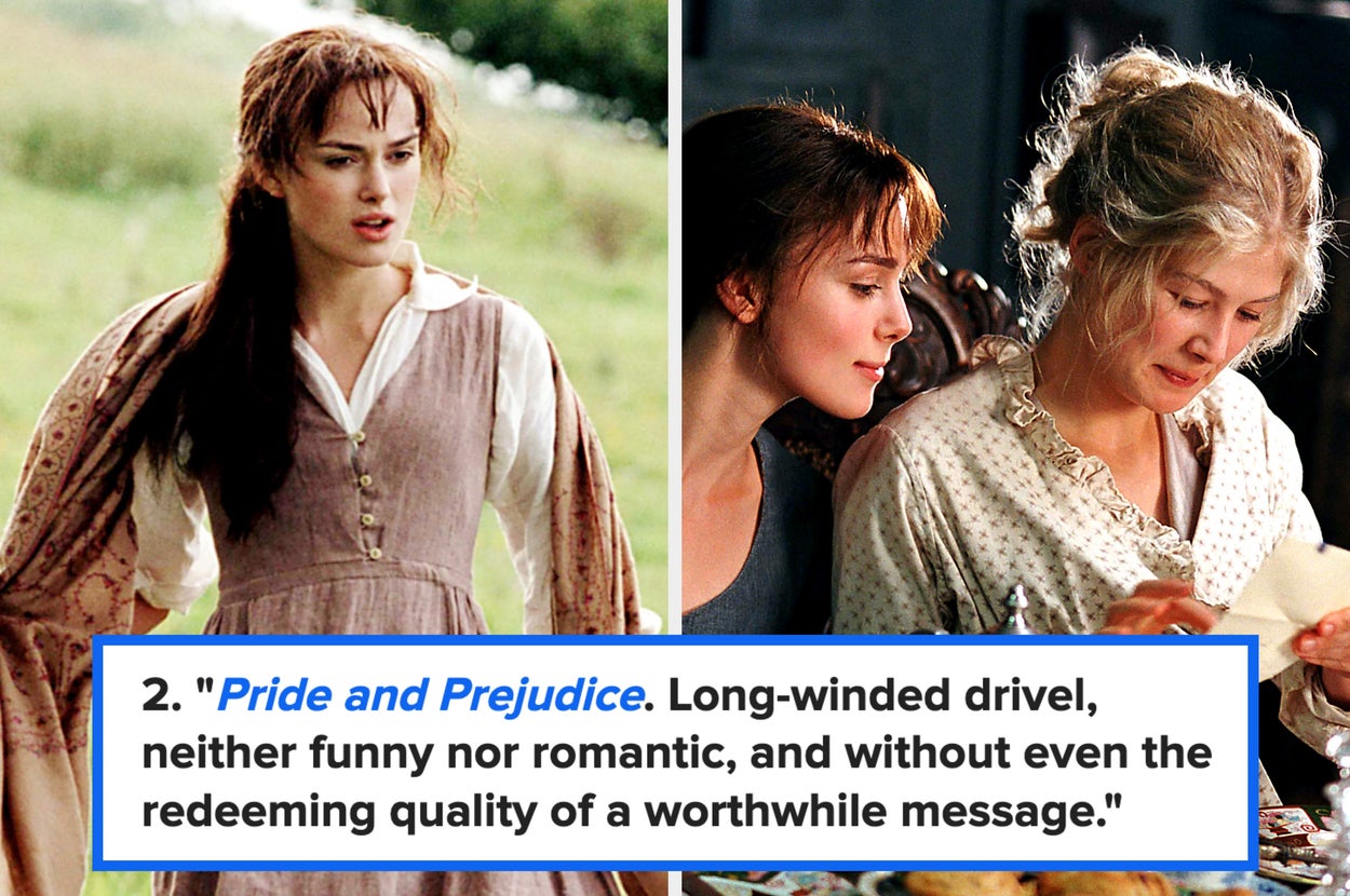 Two scenes from a 'Pride and Prejudice' adaptation, with a humorous negative review below