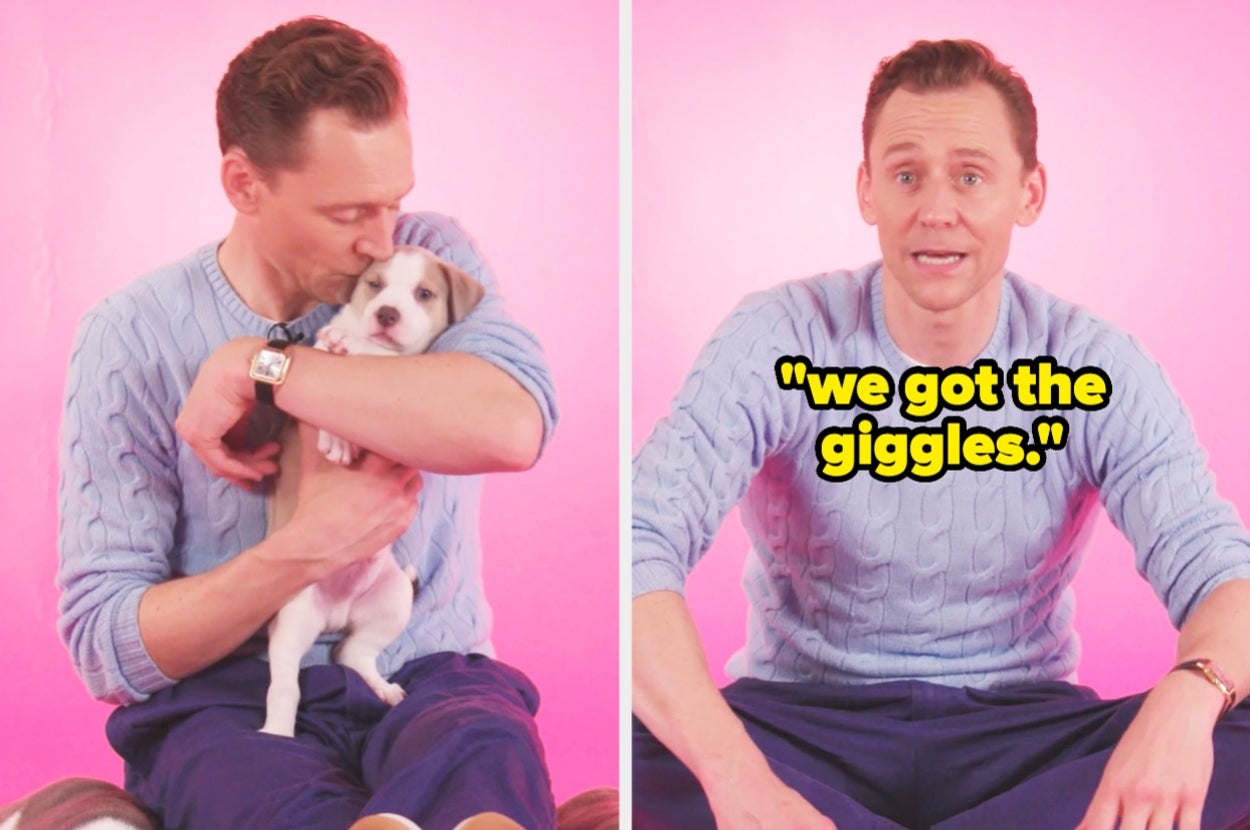 Tom Hiddleston in a casual sweater cuddles a dog, speaking in a light-hearted moment with the text "we got the giggles" appearing beside them