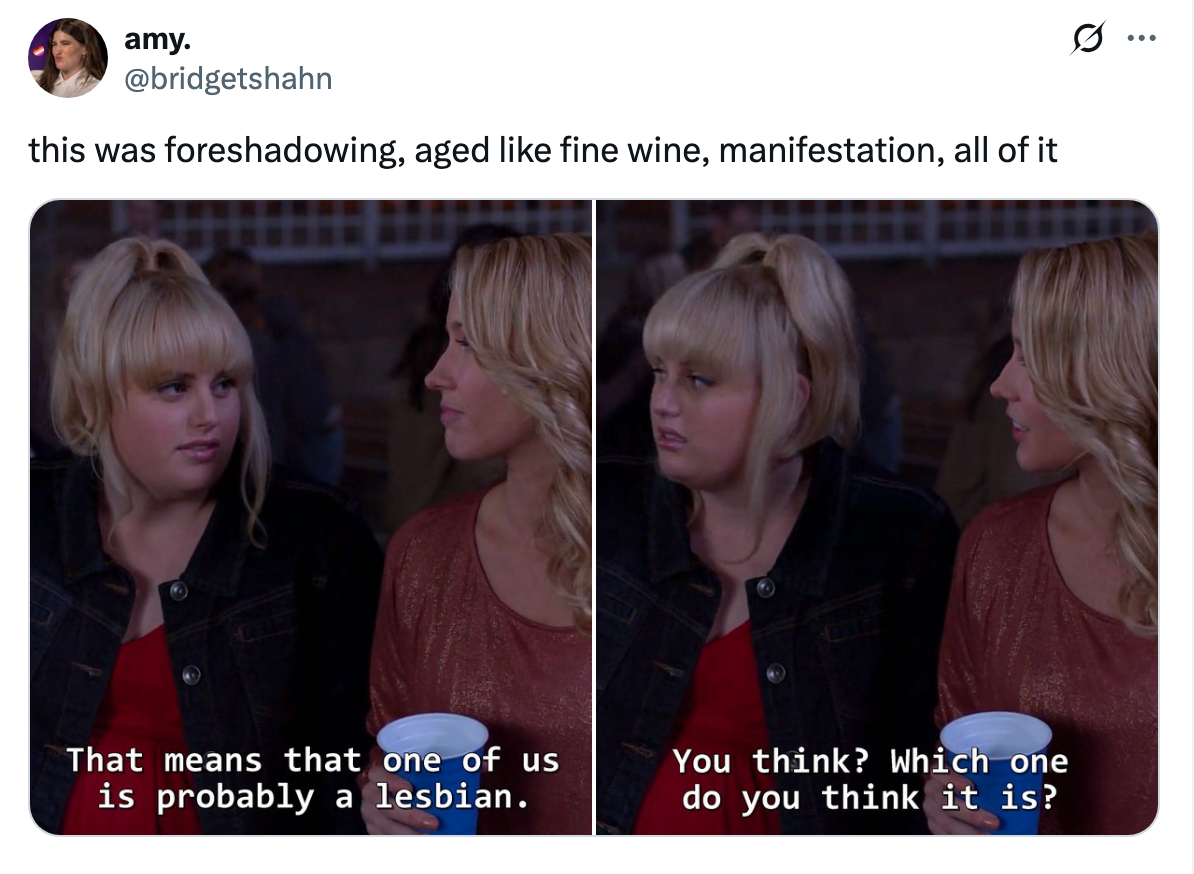 Two women sitting and talking. Each wonders if the other might be a lesbian. The tweet humorously notes the conversation as foreshadowing