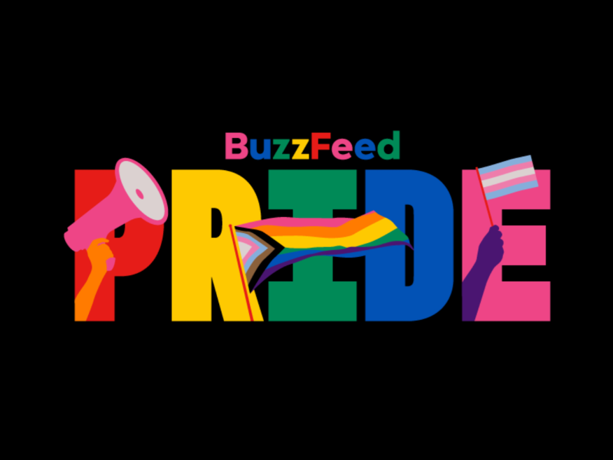 BuzzFeed PRIDE graphic with illustrated hands holding a megaphone, Pride flag, and transgender flag against a black background