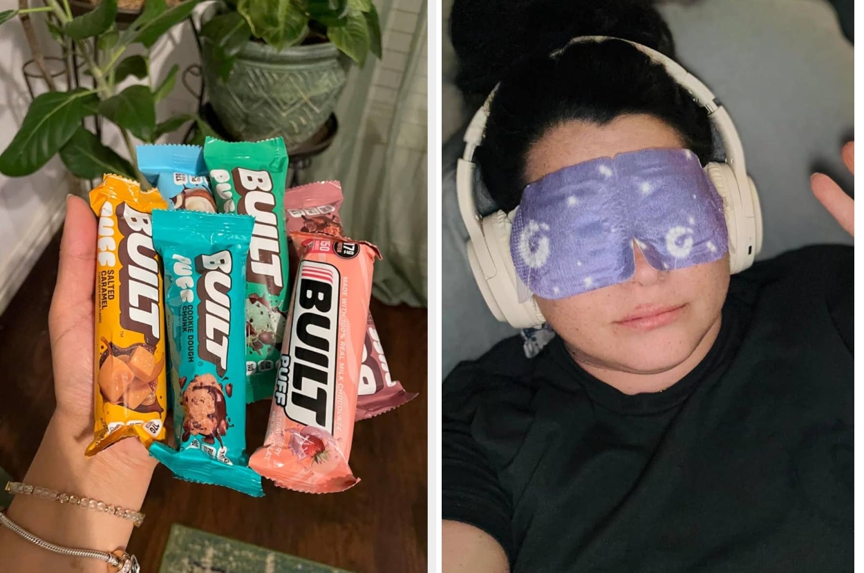 Person lounging with a sleep mask and headphones, alongside a hand holding various Bilt protein bars