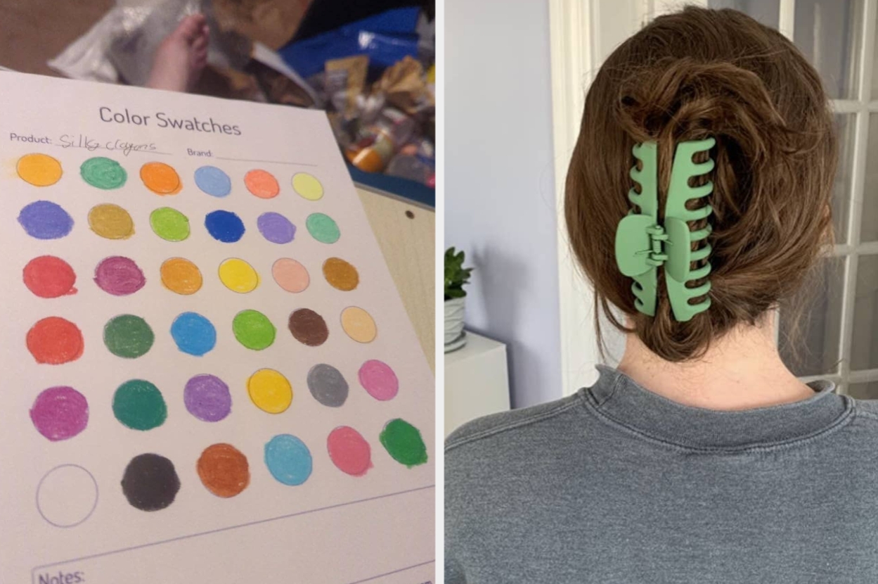 Color swatches on paper next to woman with hair in a bun secured by a large green hair clip