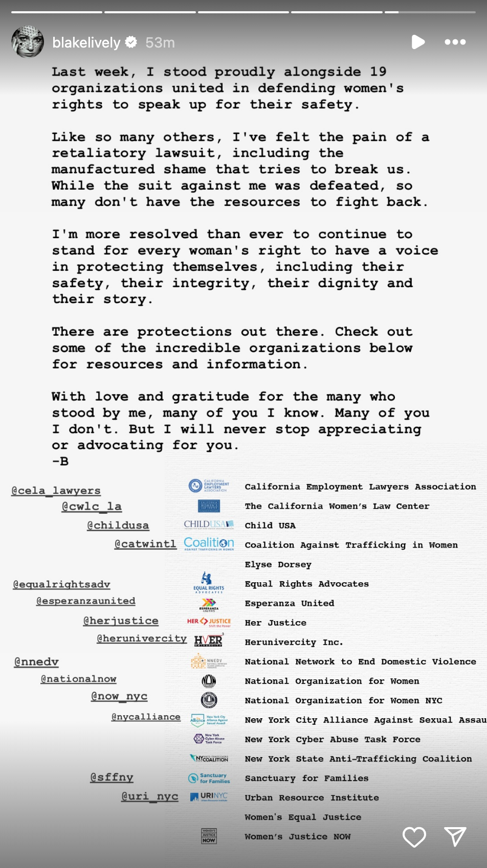 Blake Lively shares a message supporting organizations advocating for women's rights and safety, encouraging followers to learn more and get involved