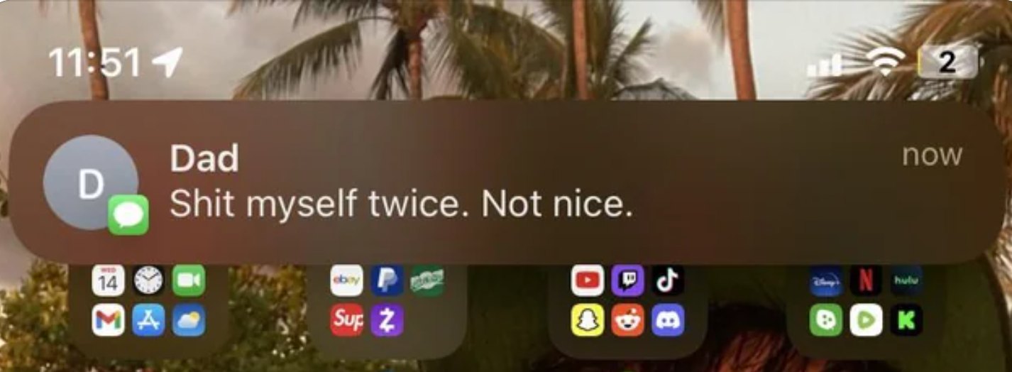 A substance   connection   notification from "Dad" says, "Shit myself twice. Not nice."