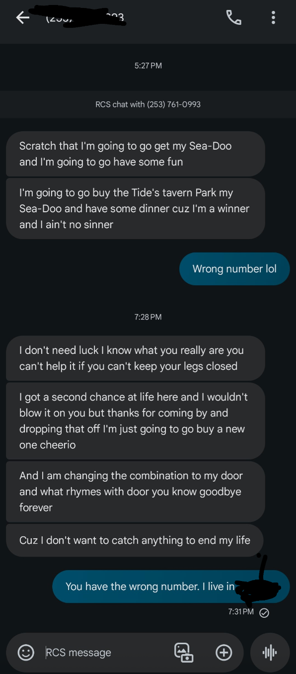 Text speech  wherever  1  idiosyncratic   talks astir  plans with a Sea-Doo, a tavern, and changing doorway  combinations. Other idiosyncratic   replies they person  the incorrect  number